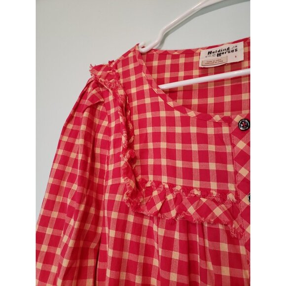Holding Horses Women Sz 8 Flannel Shirt Red Plaid Button Roll Tab Sleeve Ruffles - Picture 5 of 8